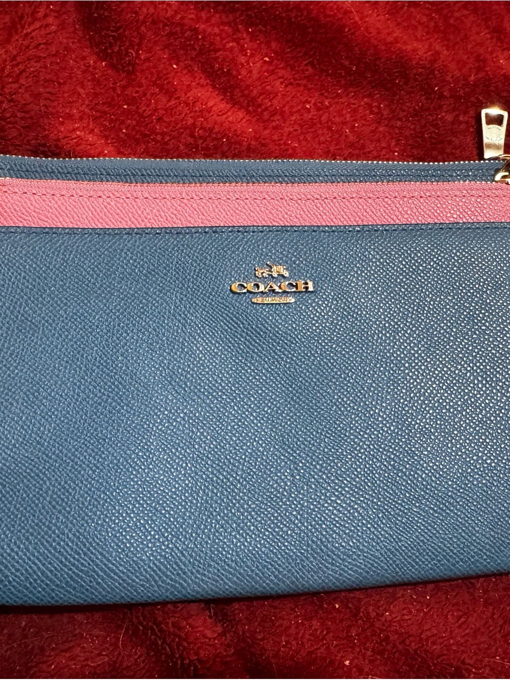 Coach Blue Leather Zip Pouch with Pink Trim